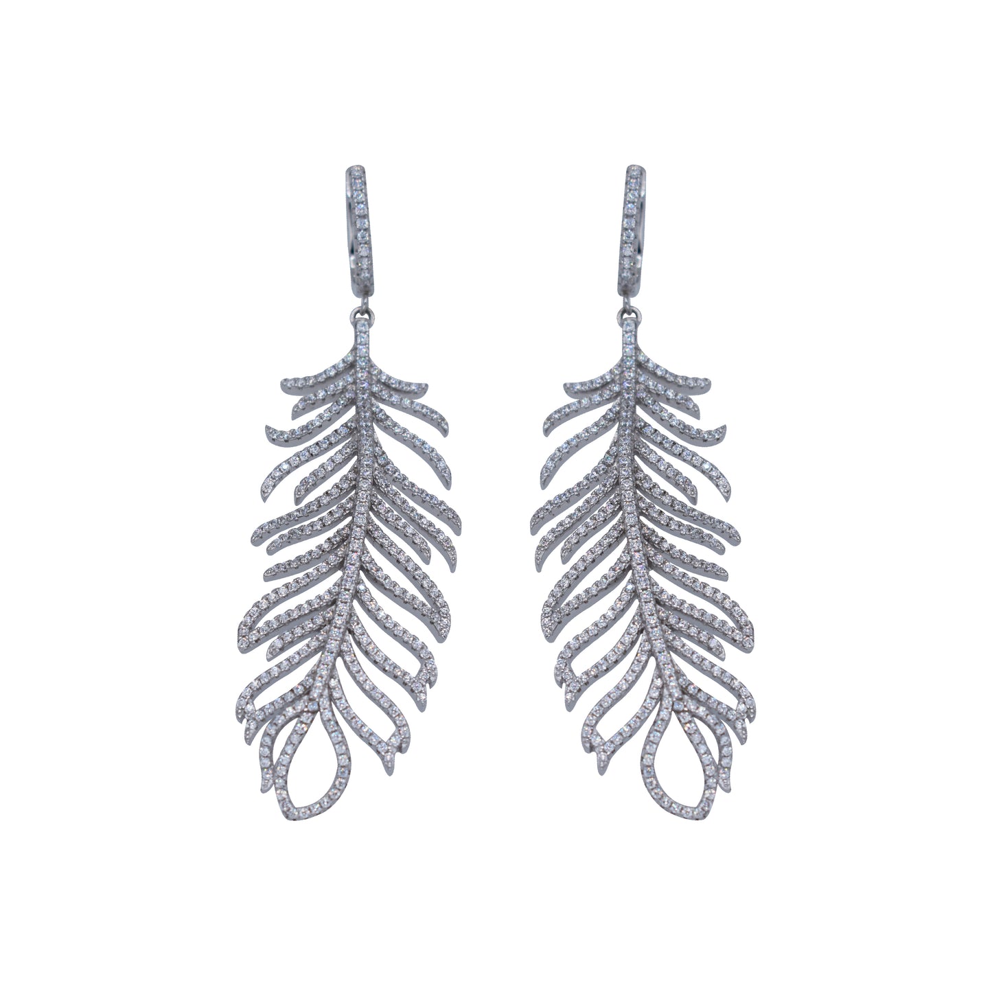 Feathers Earrings in Sterling Silver with White Zirconia - Nelissima Jewelry