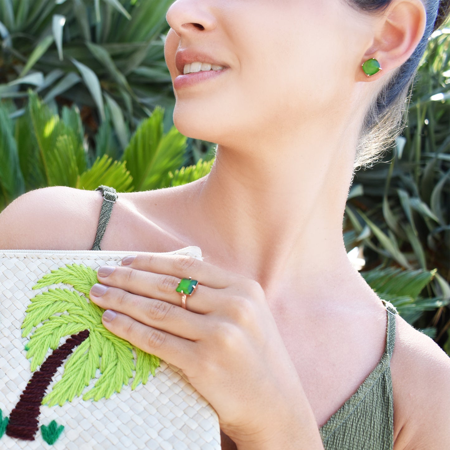 Set: Green Obsidian Ring and Earrings Rose Gold Plated Silver - Nelissima Jewelry