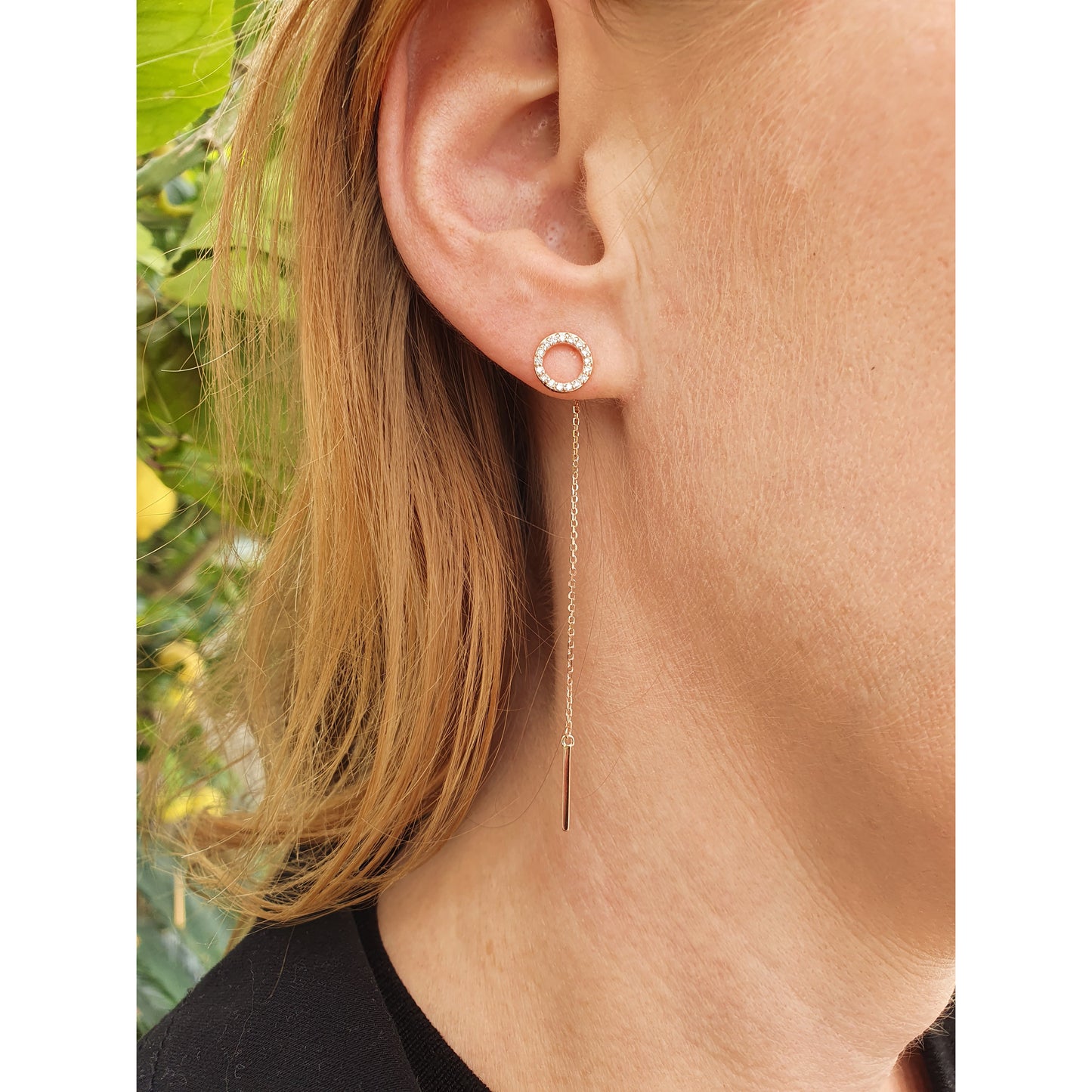 Rhodium Plated Sterling Silver Earrings with a Long Chain and White Zirconias - Nelissima Jewelry