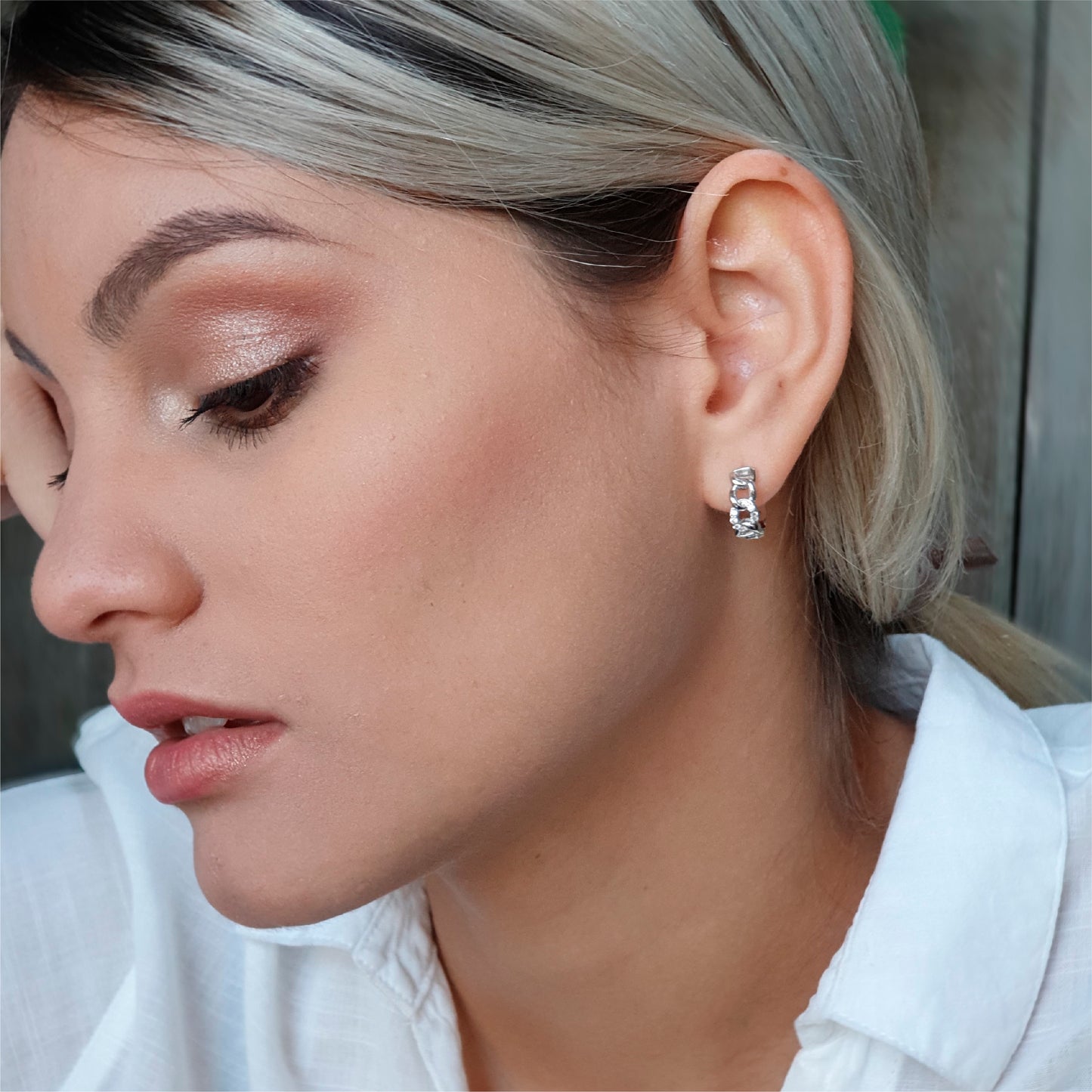 Rhodium Plated Sterling Silver Small Hoop Earrings with White Zirconias - Nelissima Jewelry