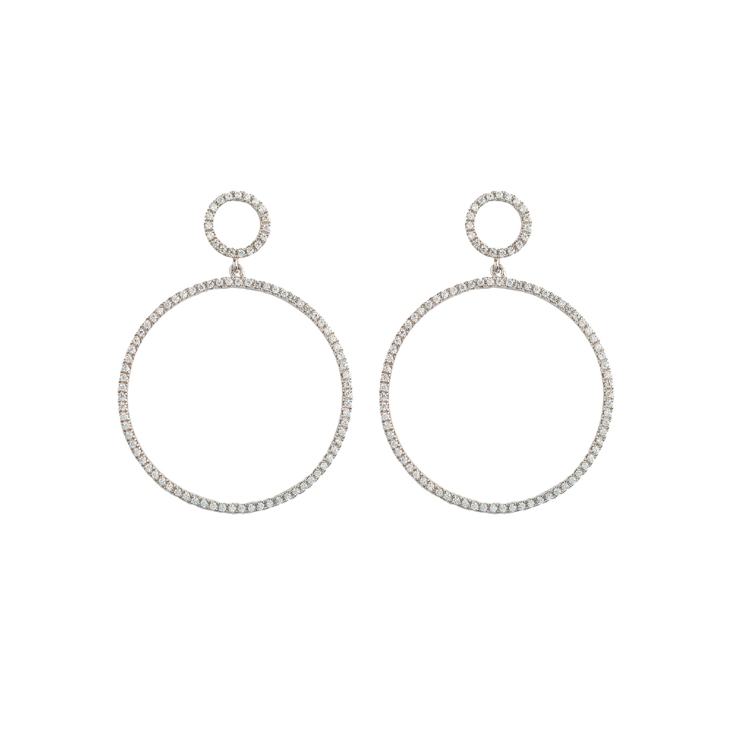 Rhodium Plated Sterling Silver Design Rounded Earrings with White Zirconias - Nelissima Jewelry