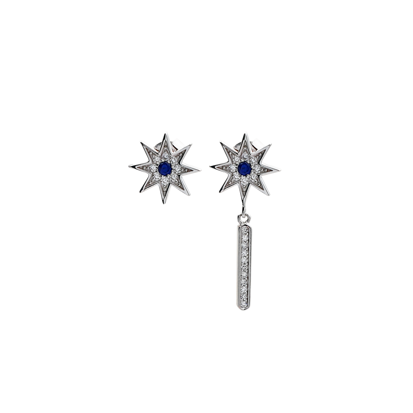 Star Shaped Earrings, White Cubic Zircons in a Navy Blue Colour - Nelissima Jewelry