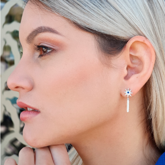 Star Shaped Earrings, White Cubic Zircons in a Navy Blue Colour - Nelissima Jewelry