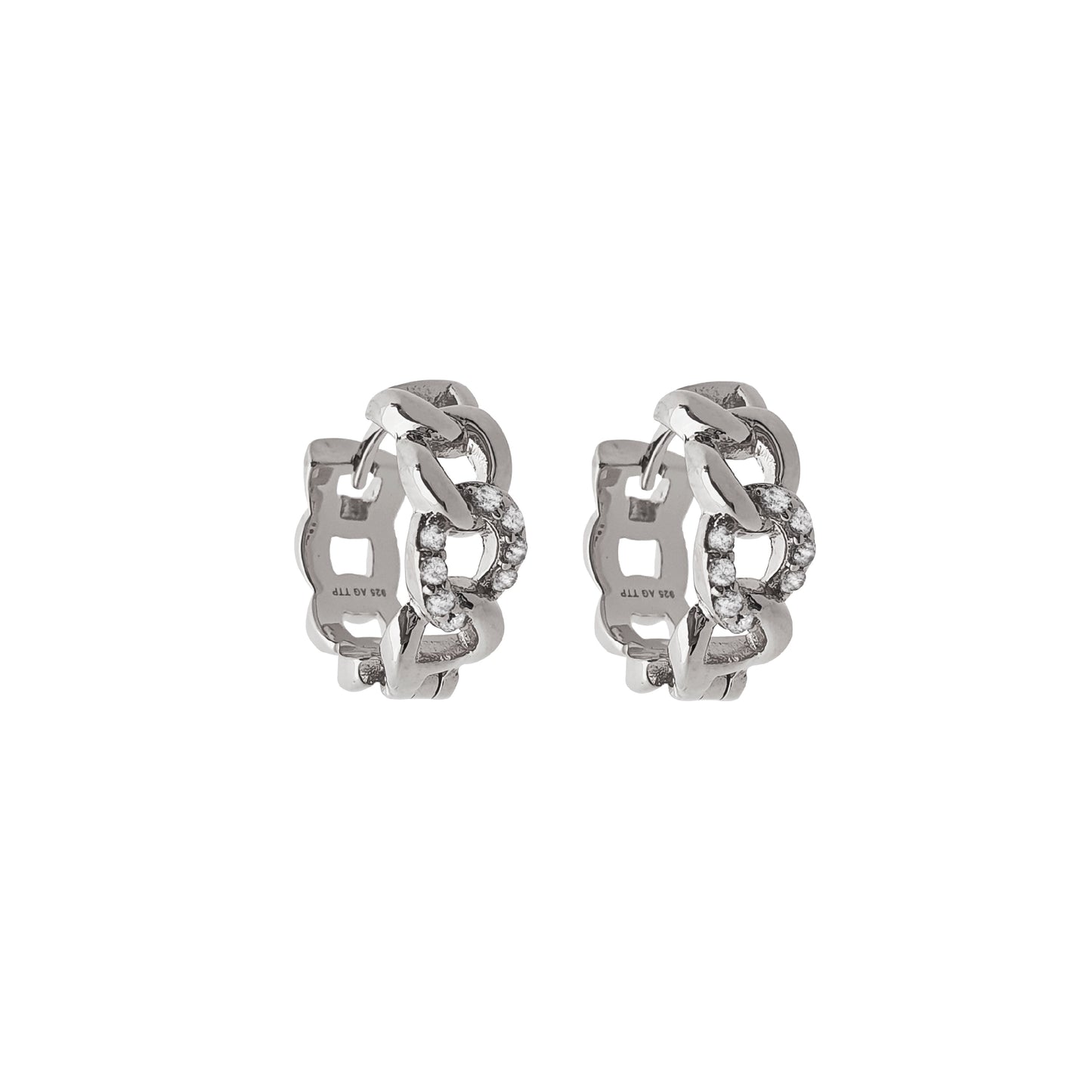 Rhodium Plated Sterling Silver Small Hoop Earrings with White Zirconias - Nelissima Jewelry
