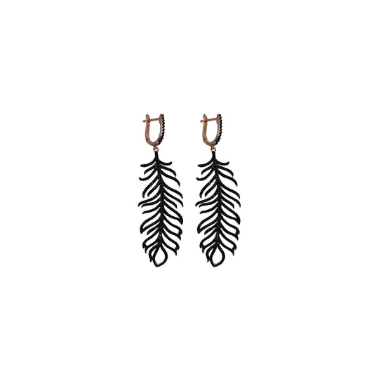 Feather Earrings in Sterling Silver with Black Zirconias