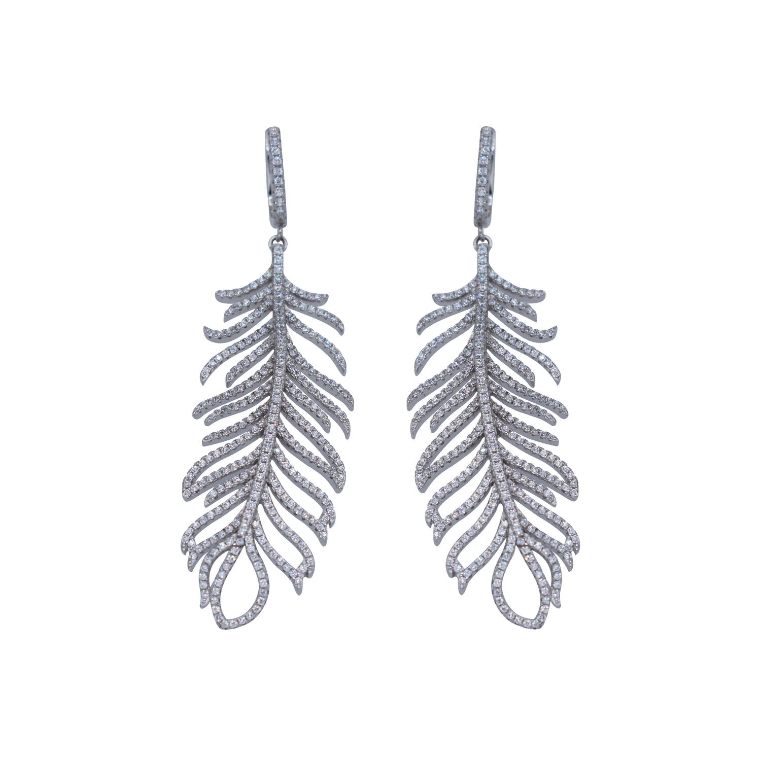 Feathers Earrings in Sterling Silver with White Zirconia - Nelissima Jewelry