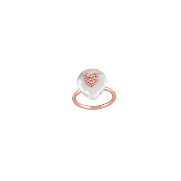 Unique Heart Ring 18k Sterling Rose Gold Plated Silver with Baroque Fresh Water Pearl