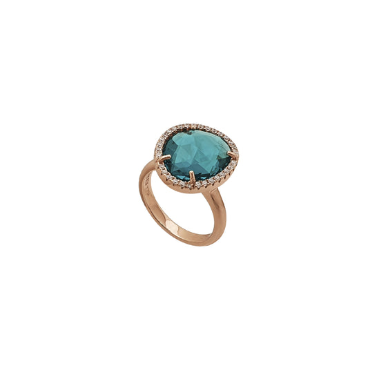 Blue Tourmaline Sterling Silver 18K Rose Gold Plated Ring White Zirconias - Nelissima Jewelry
