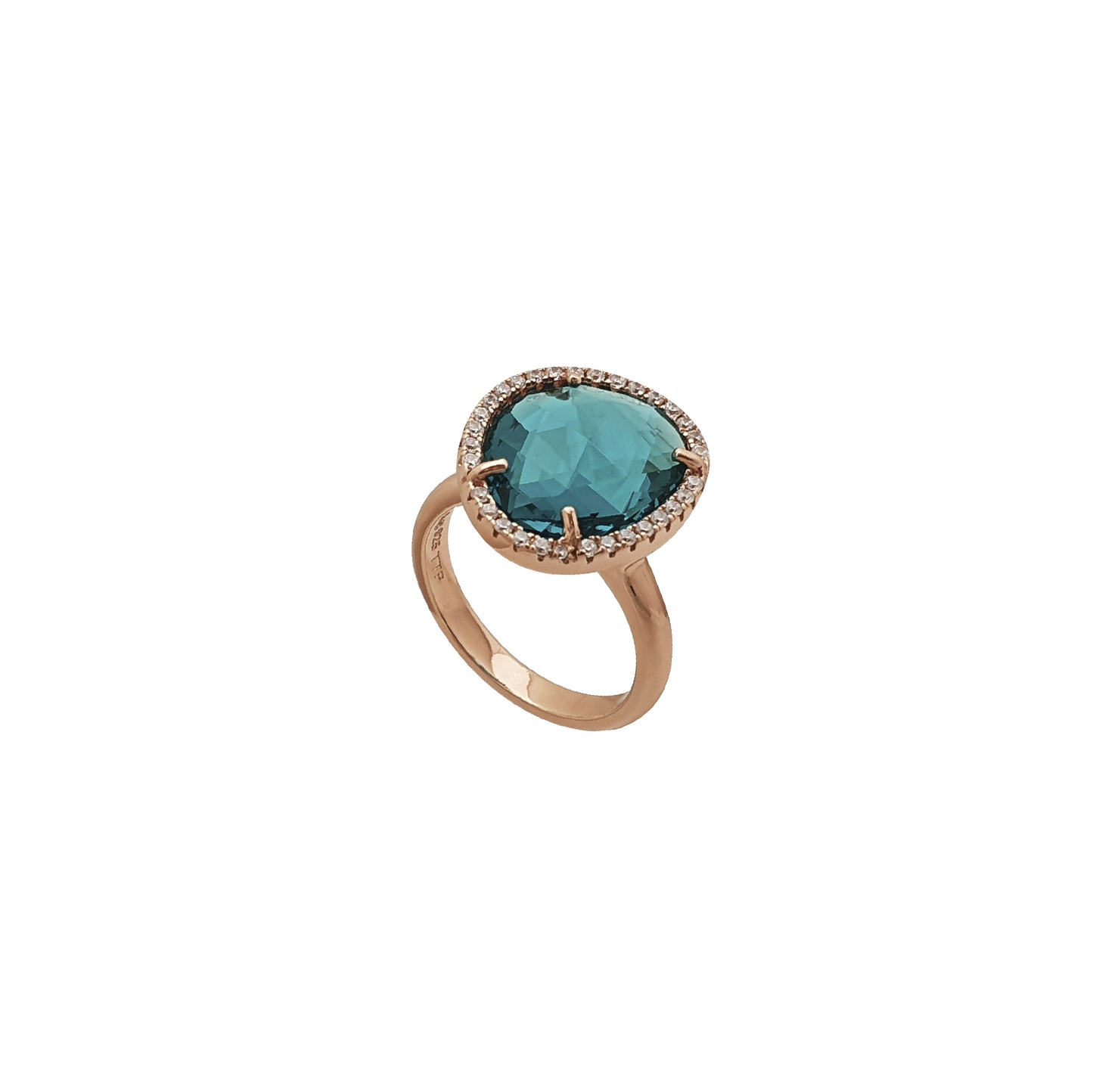 Blue Tourmaline Sterling Silver 18K Rose Gold Plated Ring White Zirconias