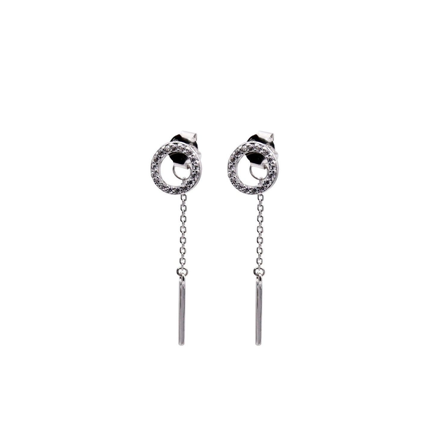 Rhodium Plated Sterling Silver Earrings with a Long Chain and White Zirconias - Nelissima Jewelry