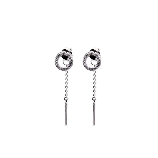 Rhodium Plated Sterling Silver Earrings with a Long Chain and White Zirconias - Nelissima Jewelry