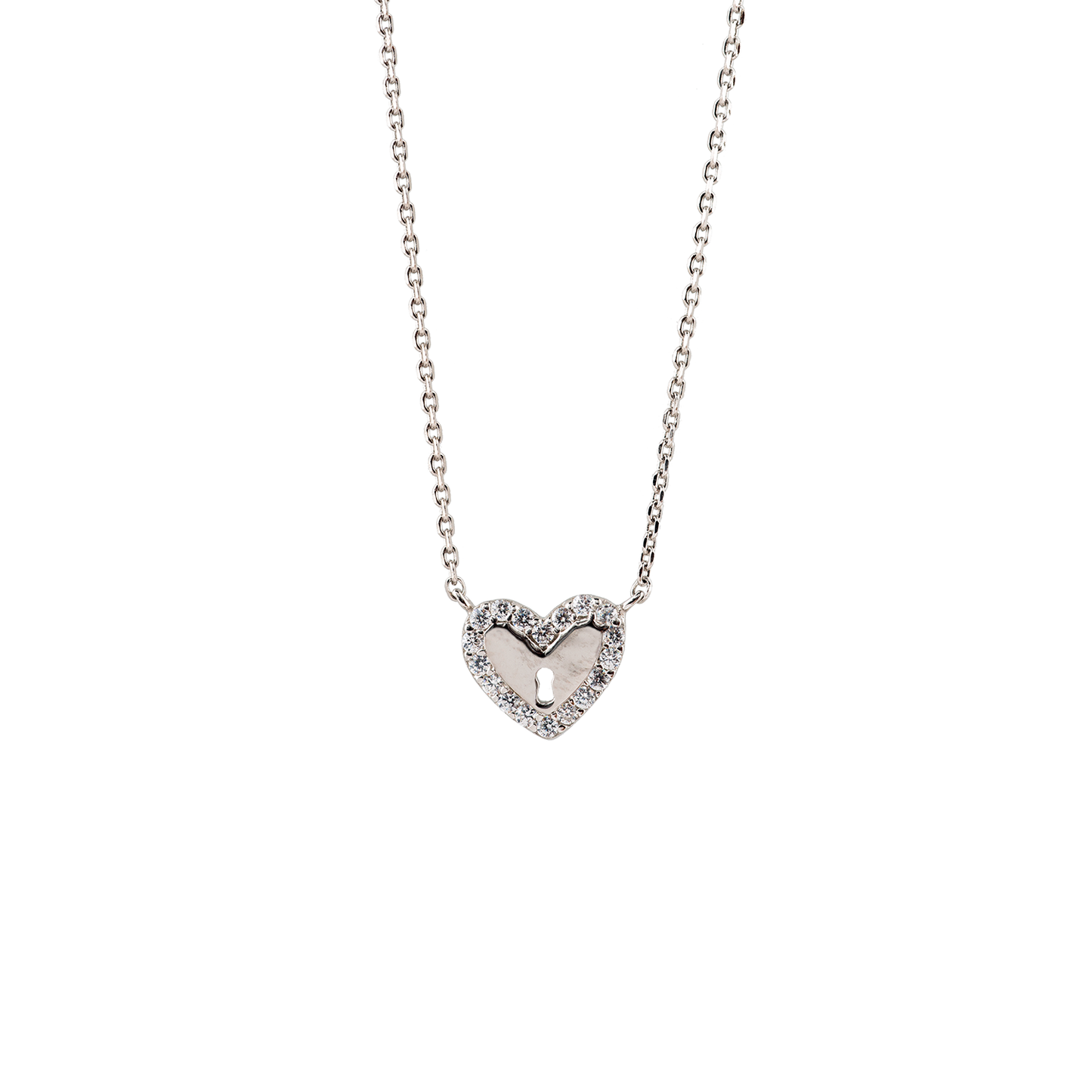 Fine Sterling Silver Necklace with A Silver Heart Pendant with White Zirconias
