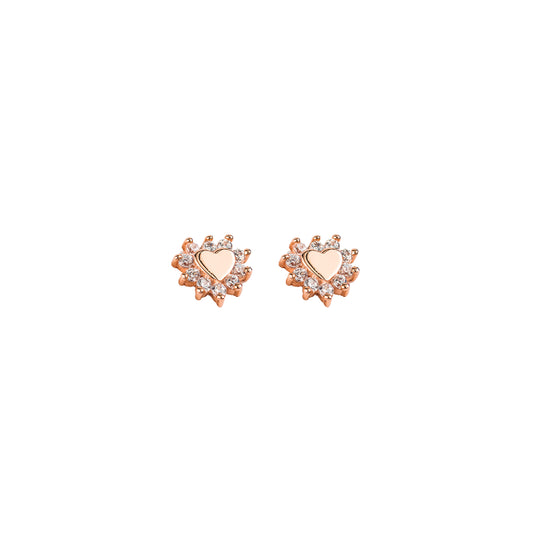 Aretes en Forma de Corazón de Oro Rosa con Circonitas Cúbicas Blancas