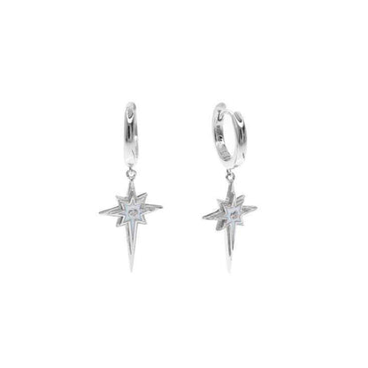 Rhodium Plated Sterling Silver Hoop Earrings with a White Zicornia Star in the Center - Nelissima Jewelry