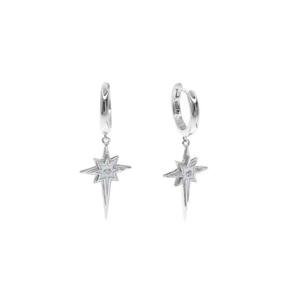 Rhodium Plated Sterling Silver Hoop Earrings with a White Zicornia Star in the Center