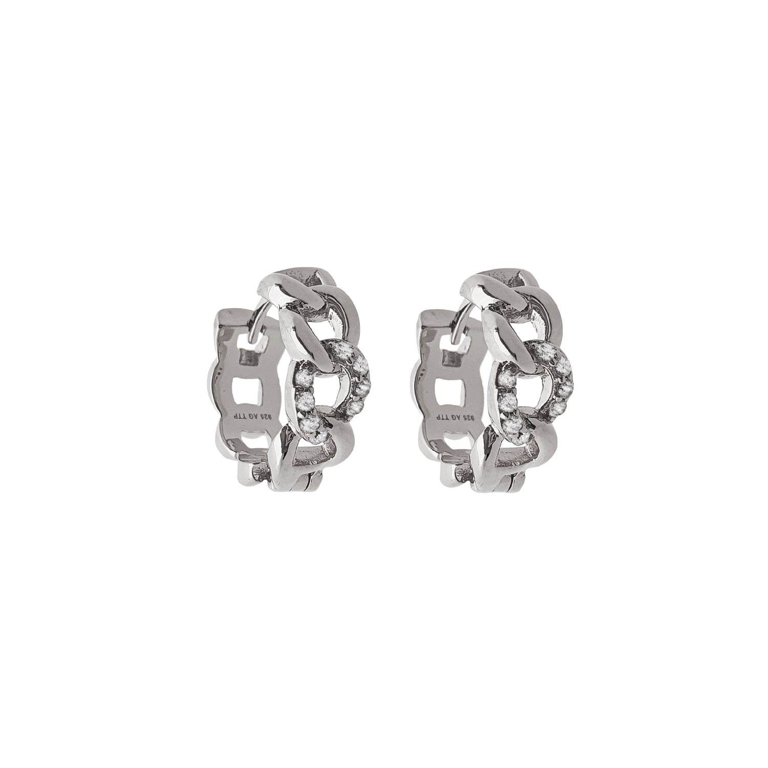 Rhodium Plated Sterling Silver Small Hoop Earrings with White Zirconias - Nelissima Jewelry