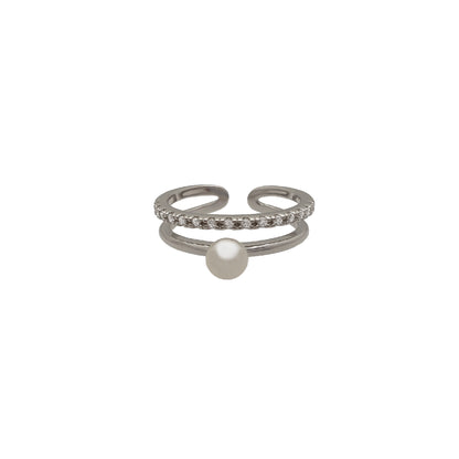 Adjustable Rhodium Plated Silver ring with Freshwater Pearls and White Zirconias