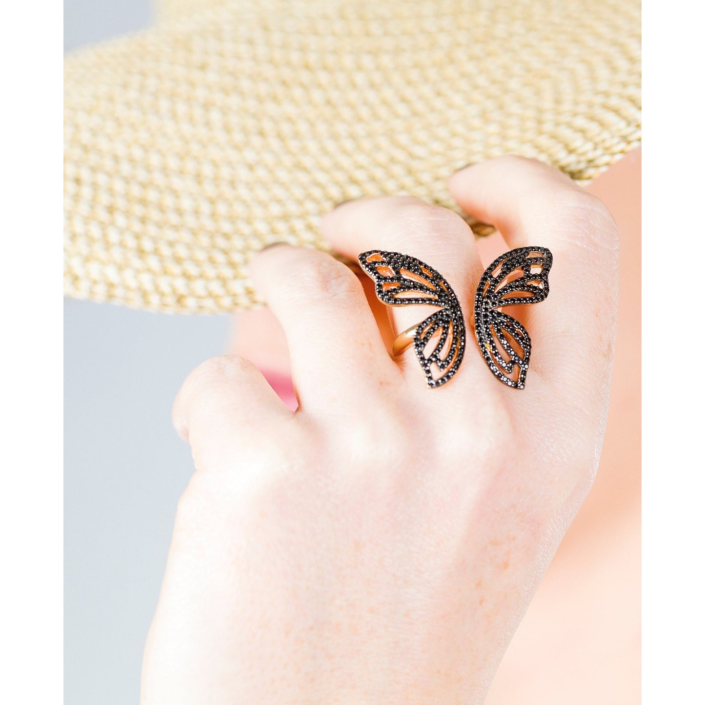 Adjustable Black Butterfly Ring Sterling Silver
