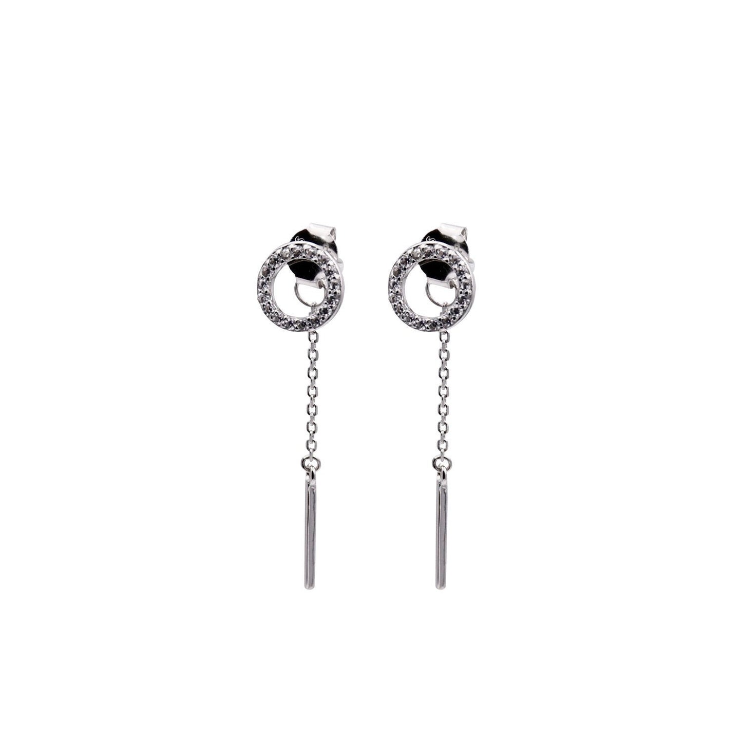 Rhodium Plated Sterling Silver Earrings with a Long Chain and White Zirconias
