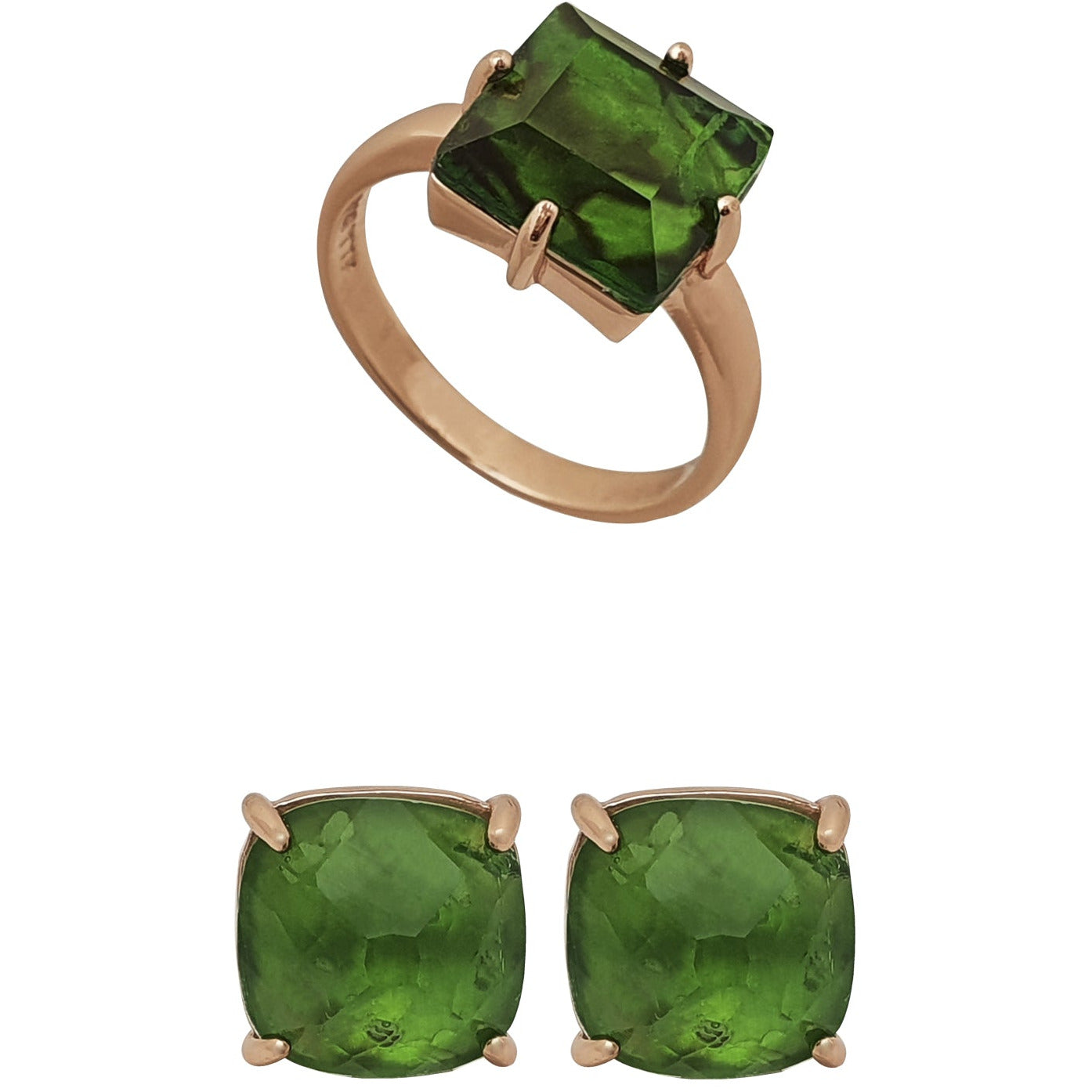 Set: Green Obsidian Ring and Earrings Rose Gold Plated Silver
