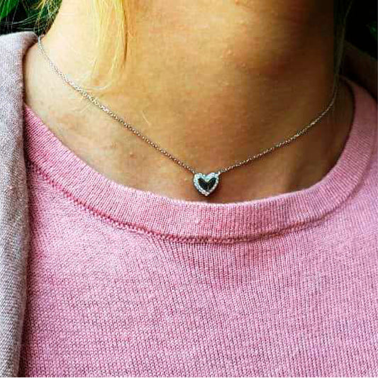 Fine Sterling Silver Necklace with A Silver Heart Pendant with White Zirconias