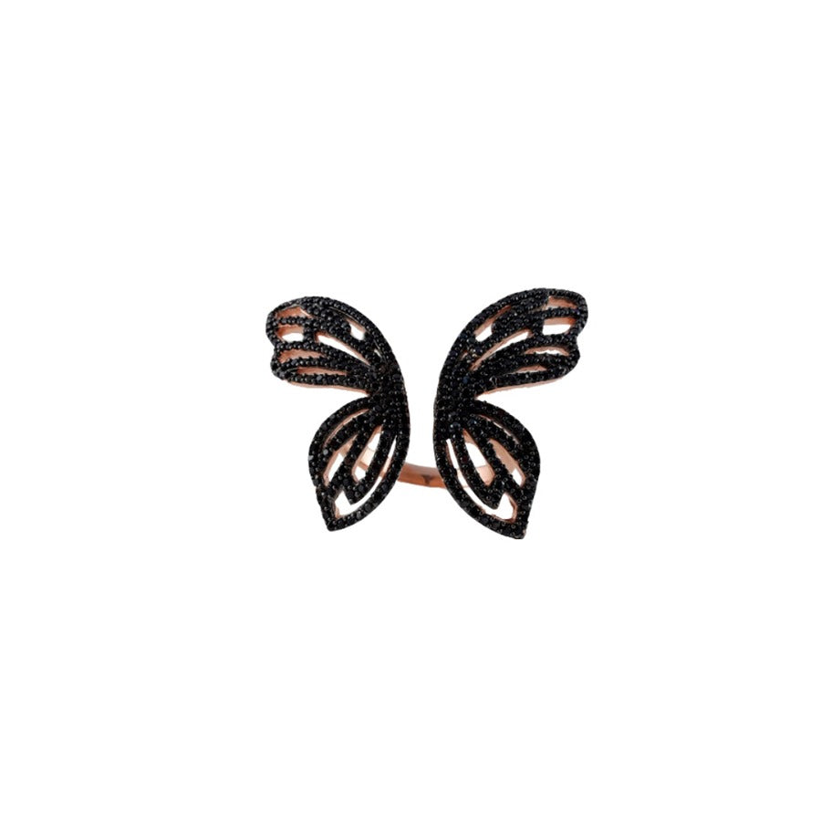 open ring adaptable to different sizes with butterfly shape and black cz