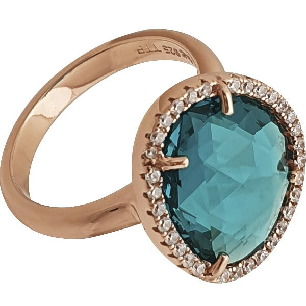 Blue Tourmaline Sterling Silver 18K Rose Gold Plated Ring White Zirconias - Nelissima Jewelry