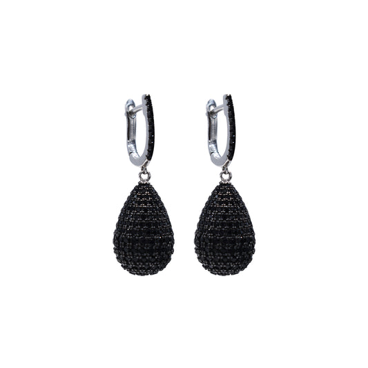 Sterling Silver 925 Drop Shaped Earrings All Covered by Black Cubic Zirconias
