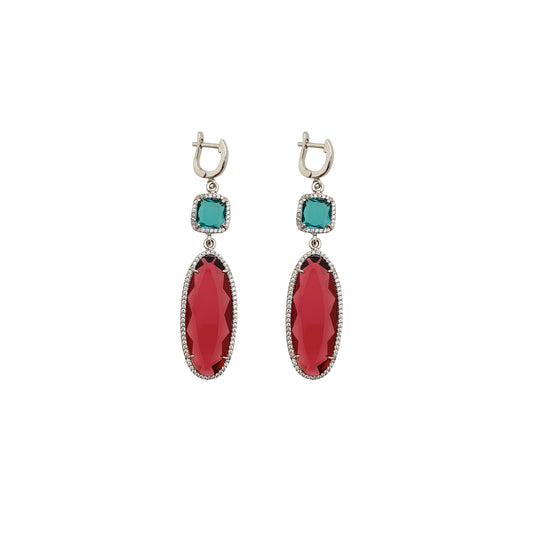 Sterling Silver Earrings Blue Sea Tourmaline White CZ/ Red Cherry Color with White Zircons